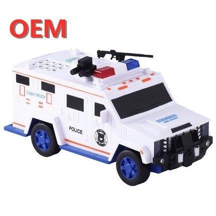 personalizado coche policial robótico juguete moneda de banco dibujo animado con impresión digital caja de dinero de plástico