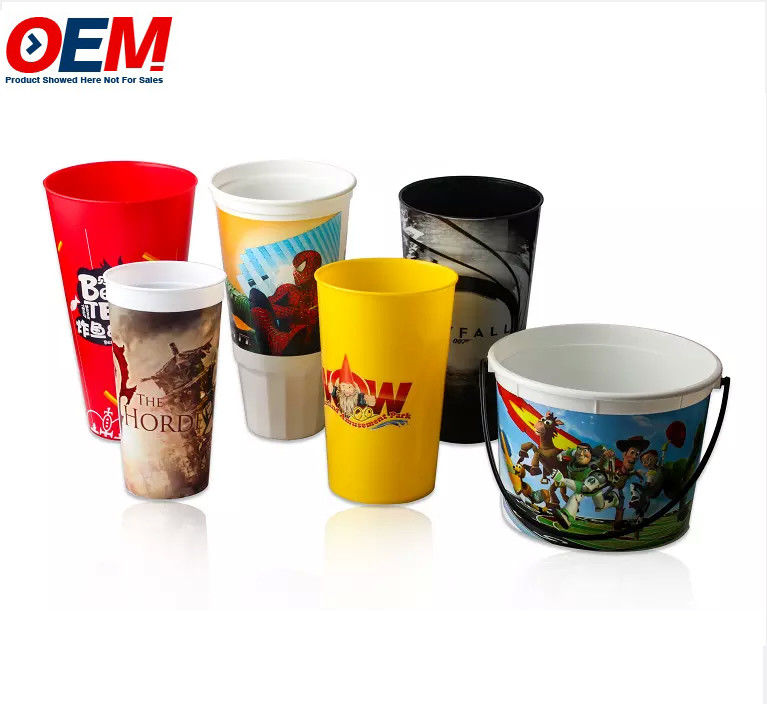 Contenedor de buena calidad OEM, cubo de palomitas de maíz de plástico con impresión personalizada de dibujos animados con tapa para promoción