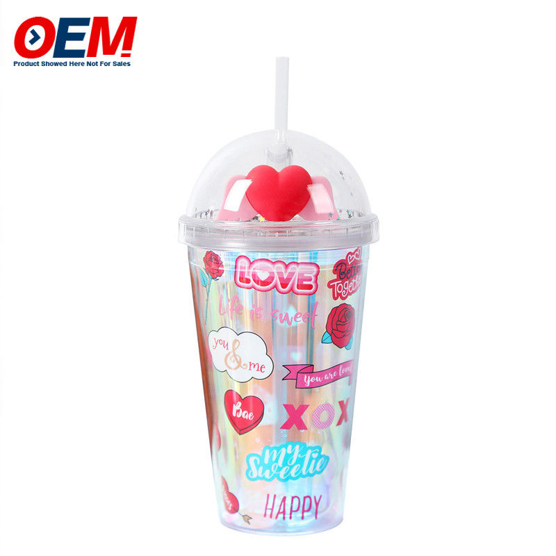 Taza personalizada de doble pared de PP con paja OEM Taza de plástico de 450 ml hecha de alta calidad Taza de agua de unicornio lindo