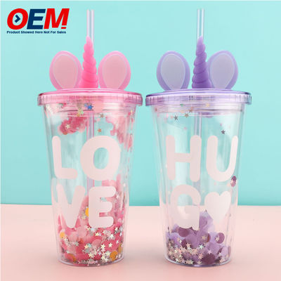 Taza personalizada de doble pared de PP con paja OEM Taza de plástico de 450 ml hecha de alta calidad Taza de agua de unicornio lindo